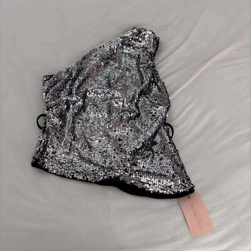 SHEIN One Shoulder Glittery Sequin Large Women's Asymmetrical Silver Blouse